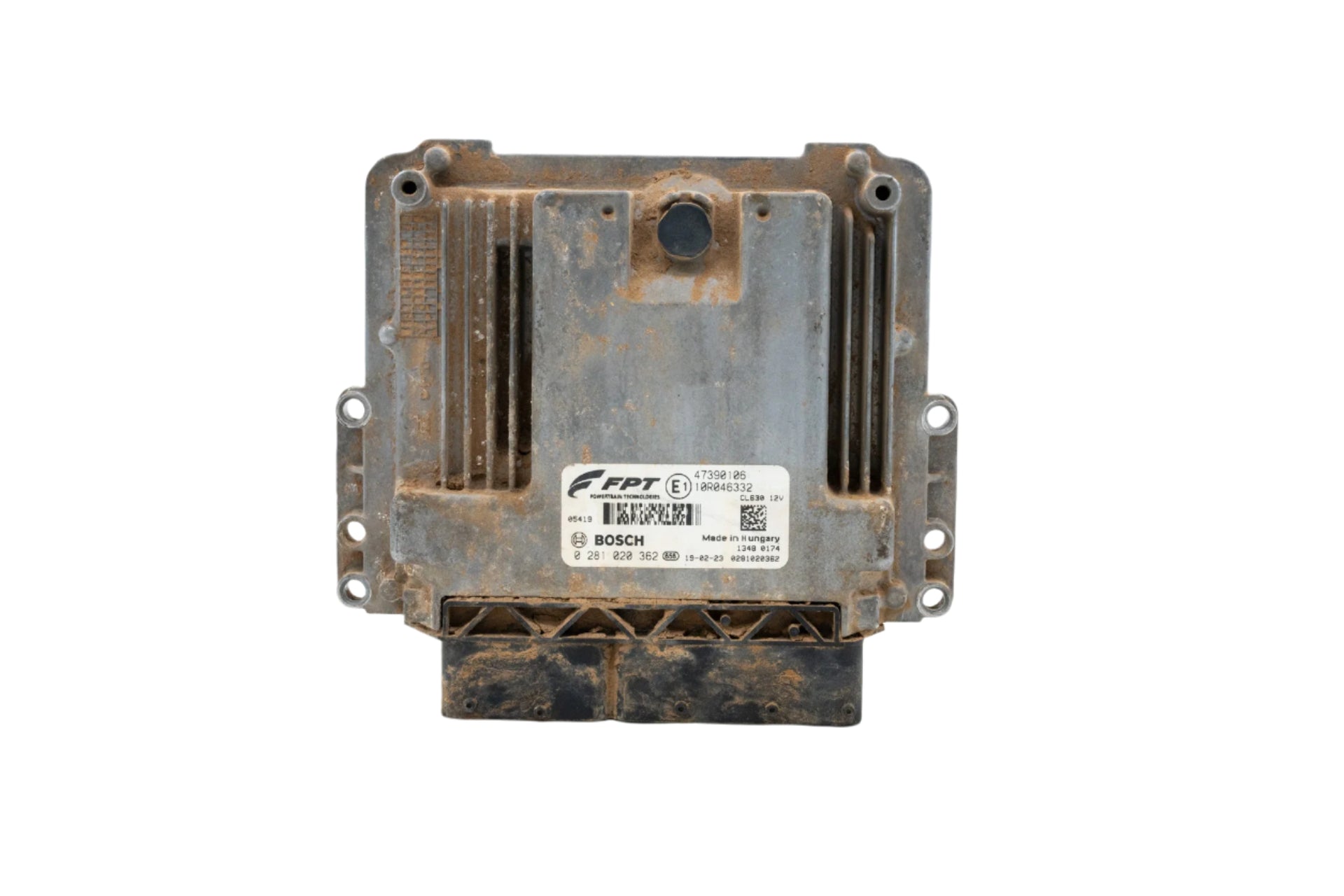 A used ECM (Engine Control Module), model number 47390106, from a Case TV620B skid steer loader. The module is in excellent working condition, showing minimal signs of wear, and is suitable for replacement or repair.