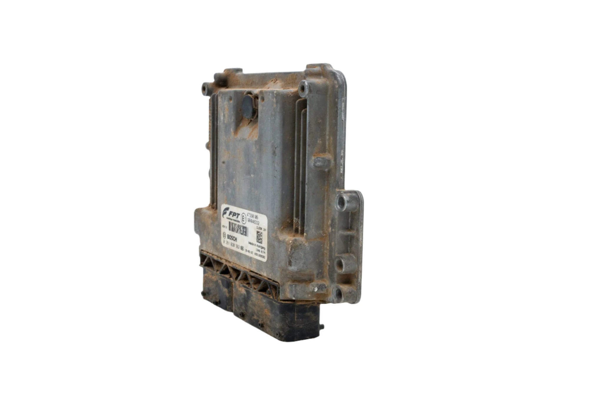 A used ECM (Engine Control Module), model number 47390106, from a Case TV620B skid steer loader. The module is in excellent working condition, showing minimal signs of wear, and is suitable for replacement or repair.